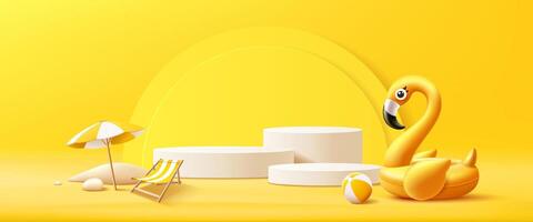 Summer podium display, Yellow flamingo inflatable swimming pool, beach umbrella, pile of sand, beach ball, banner design, on yellow background vector