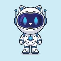 Cute robotic cat in white and navy spacesuit with glowing blue eyes, standing on light blue background. Minimalist, tech-style mascot in futuristic cartoon design. vector