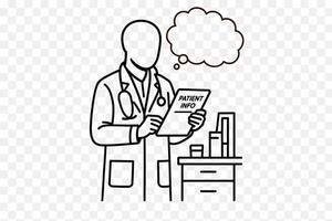 Doctor Reading Patient Info Line Art Medical Illustration with Thought Bubble vector