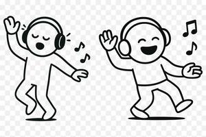 Happy Cartoon Characters Listening to Music with Headphones Fun Doodle Line Art vector