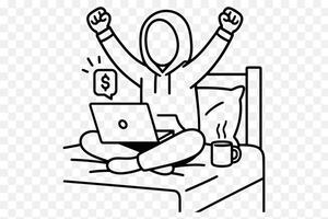 Online Earnings Celebration Freelancer Earning Money on Laptop in Bed Line Art vector