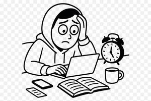 Stressed Cartoon Character Working on Laptop with Deadline Pressure Doodle Style Line Art vector