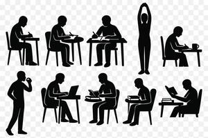 Study and Focus Routine Silhouette Set Reading, Writing, Laptop Work, Stretching, and Coffee Break Icons vector