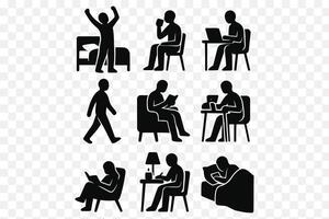 Daily Routine Silhouette Set Morning Wake Up, Reading, Working, and Evening Relaxation Icons vector