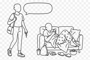 Funny Lazy vs Active Lifestyle Comic Minimalist Line Art Characters with Speech Bubble vector