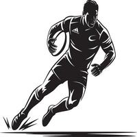 A black and white graphic illustration of a rugby player running with the ball in his hands quickly vector