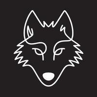 A minimalist white line drawing of a wolf's face on a solid black background in a square format vector
