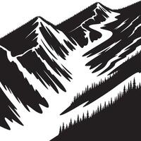 A monochrome illustration of mountain peaks with snow and a forest in the foreground scenery view vector