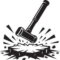 A black and white illustration of a hammer striking a rock surface with shards flying outwards around it vector