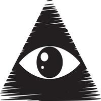 A black and white illustration of an eye inside a triangle shape with a hatched texture design style vector