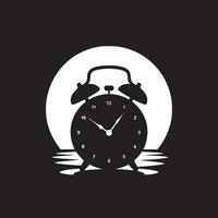 A black and white illustration of an alarm clock against a circular background pattern design art vector