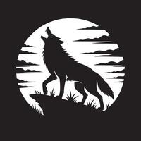 Silhouette of a wolf howling at the moon on a cliff with clouds in the background in black and white vector
