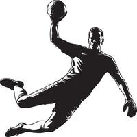 A silhouette of a goalkeeper in mid air catching a ball with gloves on a white isolated background vector