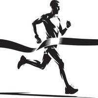 Silhouette of a runner breaking the finish line tape in a black and white illustration style art vector