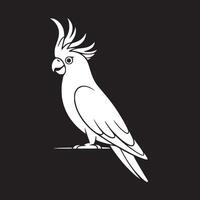 White cockatoo illustration with a black background and simple line art style drawing design vector