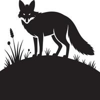 A black silhouette of a fox standing on a hill with grass against a white background in a simple style vector