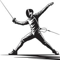 A black and white illustration of a fencer in action with a sword on a white background illustration vector