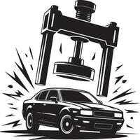 Black and white graphic of a car being crushed by a large hydraulic press with impact lines around it vector