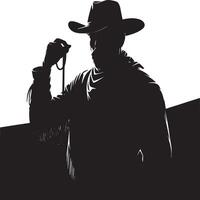 Silhouette of a cowboy in a hat holding a rope with mountains in the background in black and white vector