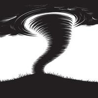 A monochrome illustration of a tornado touching down on a dark grassy hill against white sky background vector