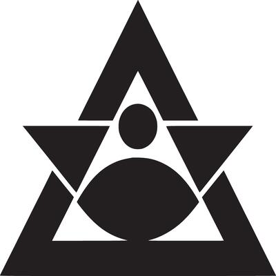 Black geometric shapes forming a triangle with a circle and oval on a white background simple design