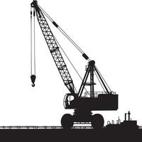 Silhouette of a large crane with a hook against a city skyline in a monochromatic illustration vector