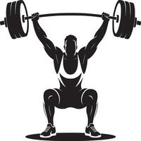 Silhouette of a weightlifter performing a squat with a barbell overhead in a black and white image vector