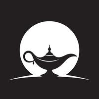 Silhouette of a genie lamp against a white circle on a black background in a simple illustration vector