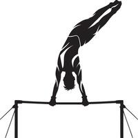 Silhouette of a gymnast performing a handstand on a high bar with a white background in a studio vector