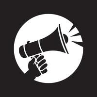 A black and white graphic of a hand holding a megaphone inside of a white circle design element vector