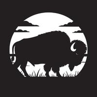 Silhouette of a bison against a sunset with clouds and grass in a stylized illustration vector
