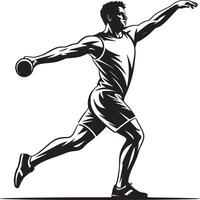 A black and white illustration of a man throwing a shot put in a dynamic pose action shot vector