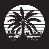 Silhouette of a palm tree against a striped sunset in a circular frame on a black background vector