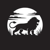 A black and white silhouette of a roaring lion in front of a sun with clouds and grass at the bottom vector