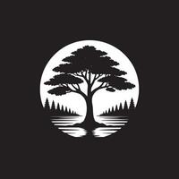 Silhouette of a tree and forest reflecting in water against a white circle on black background vector