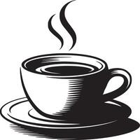 A black and white drawing of a coffee cup with steam on a saucer simple and elegant design vector