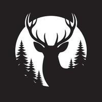 Silhouette of a deer with antlers and trees against a white circular background in black and white vector
