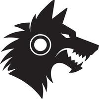 A stylized black wolf head with sharp teeth and a circle design on its head in a graphic vector