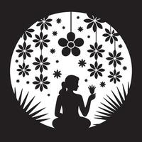 Silhouette of a woman with flowers in a circle against a black background in a minimalist style vector