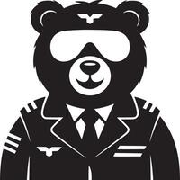 A black and white illustration of a bear dressed as a pilot with aviator glasses on its head vector