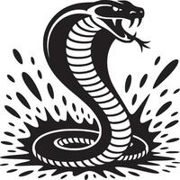 A striking monochrome illustration of a cobra rising up with water splashes and its mouth open wide vector