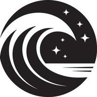 Black and white graphic design featuring waves and stars inside of a circle on a white background vector