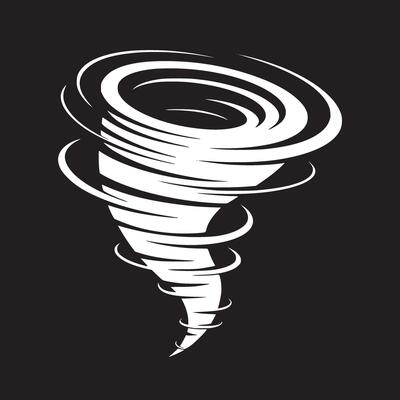 White tornado illustration on a black background showing swirling motion and abstract design elements