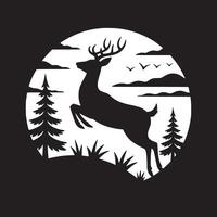 Silhouette of a deer leaping in a circular frame with trees clouds and birds against black background vector