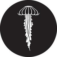 Illustration of an orange jellyfish with tentacles on a black circular background design element vector
