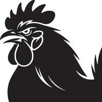 A black and white graphic illustration of a rooster head with an angry expression facing left vector