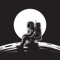 An astronaut sitting on a moon surface with a large moon and stars in the background in black and white vector