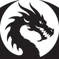 A black and white silhouette of a dragon head inside a circle with a dark background design element vector