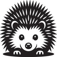 A black and white graphic illustration of a cute cartoon hedgehog with a smiling face design element vector