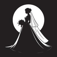 Silhouette of a bride in a gown holding a bouquet with a veil against a bright moon background vector